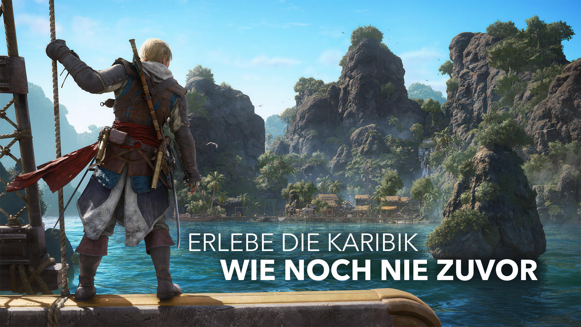 Mann auf Schiff blickt auf tropische Insel mit Dorf und Bergen. Text: Erleben Sie die Karibik.