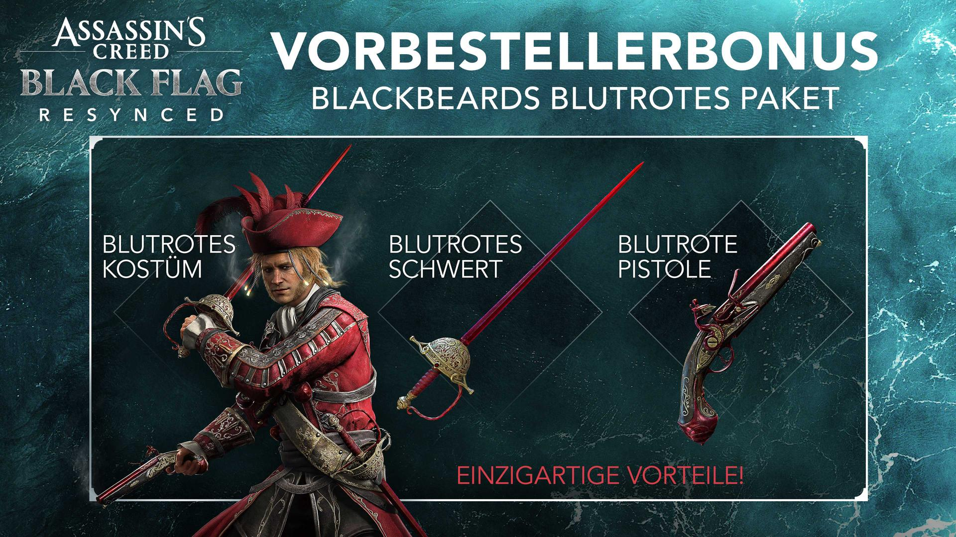 Assassin's Creed Black Flag Vorbestellerbonus: Blackbeards blutrotes Set mit Kostüm, Schwert und Pistole.