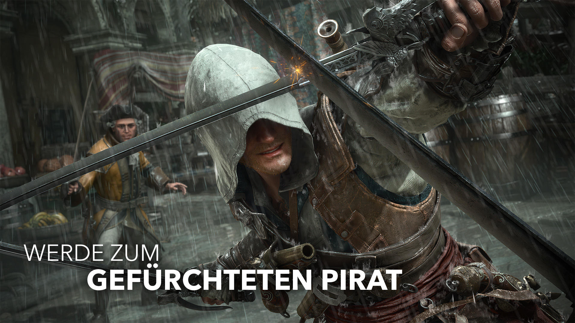 Ein Pirat mit Kapuze und Schwert im Regen, ein anderer Mann im Hintergrund.