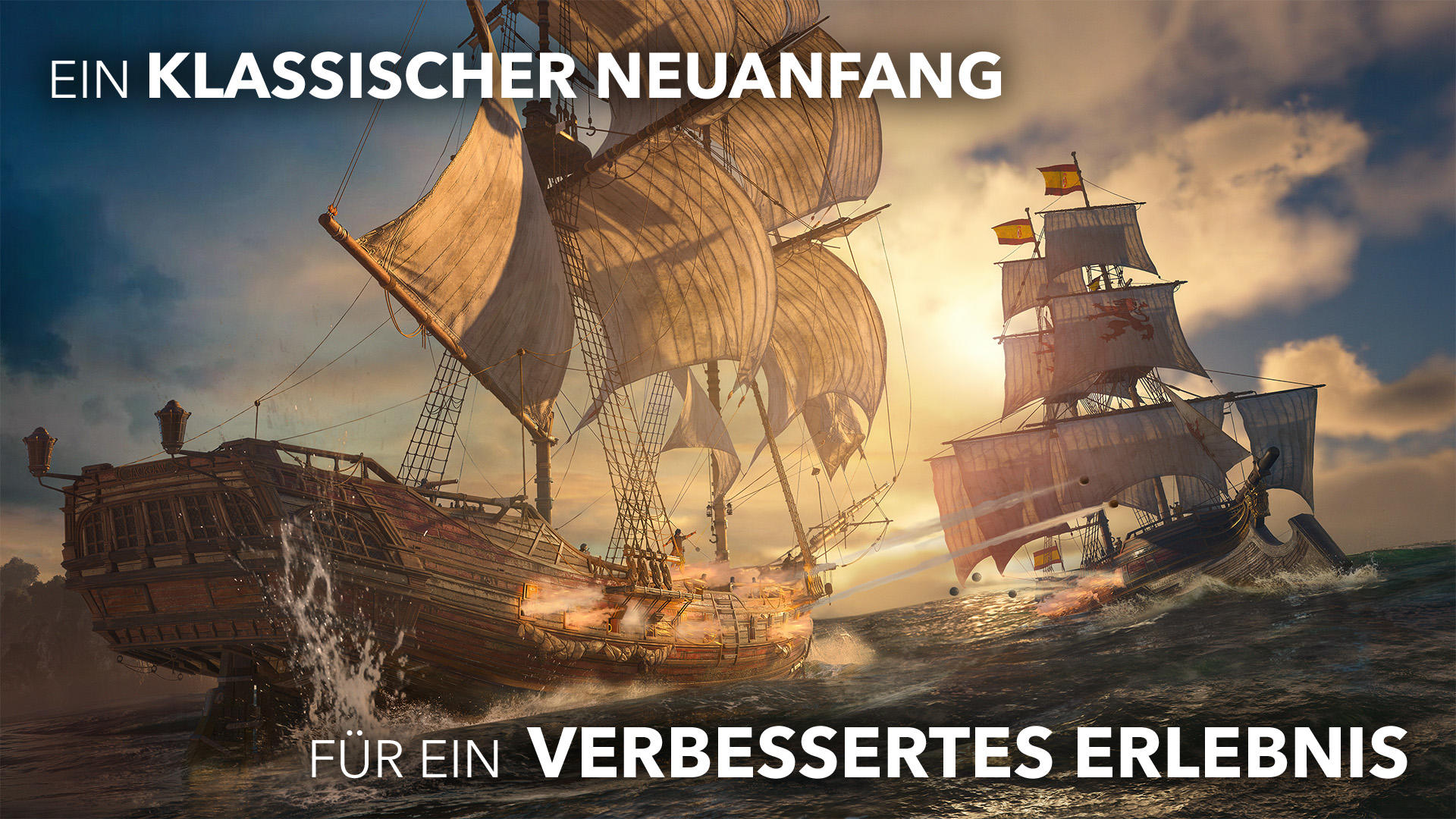 Zwei alte Schiffe kämpfen auf stürmischer See unter einem dramatischen Himmel.