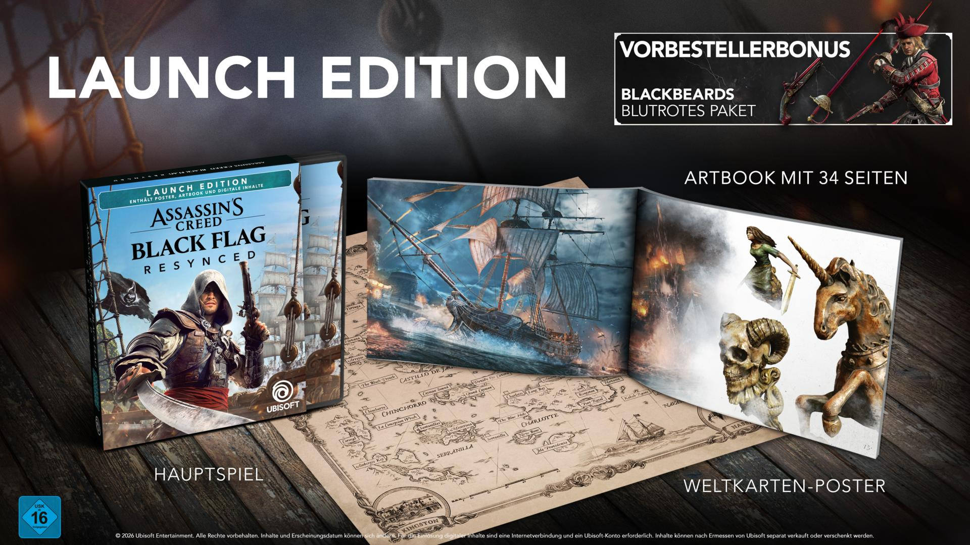 Assassin's Creed Black Flag Launch Edition mit Spiel, Artbook und Weltkarte.