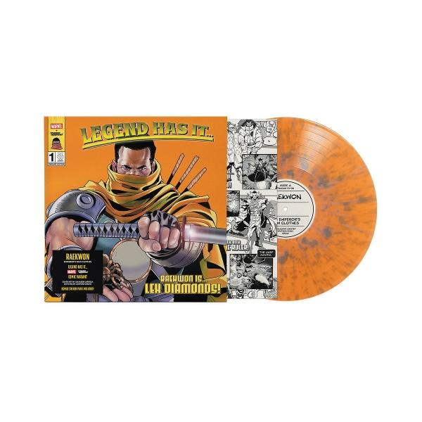 Schallplatte mit Comic-Cover: Mann mit Schwert, orangefarbene Platte.
