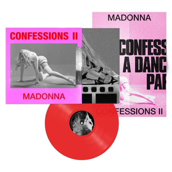 Madonna's Confessions II Albumcover und rote Schallplatte.