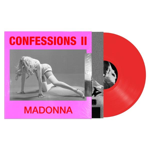 Madonna Vinyl mit Albumcover: Frau in Pose, Text 'Confessions II', rotes Vinyl.