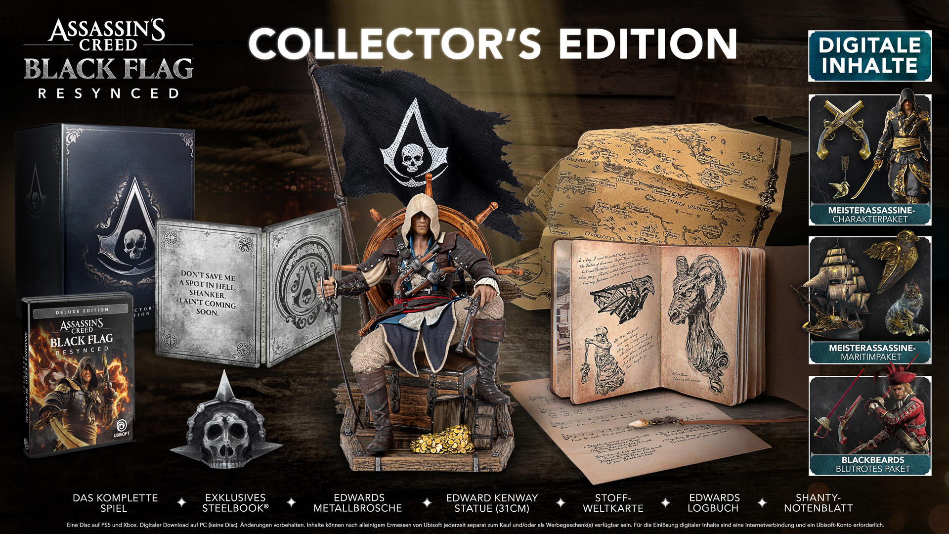 Assassin's Creed Black Flag Collector's Edition mit Figur, Flagge, Buch, Karte und Spiel.