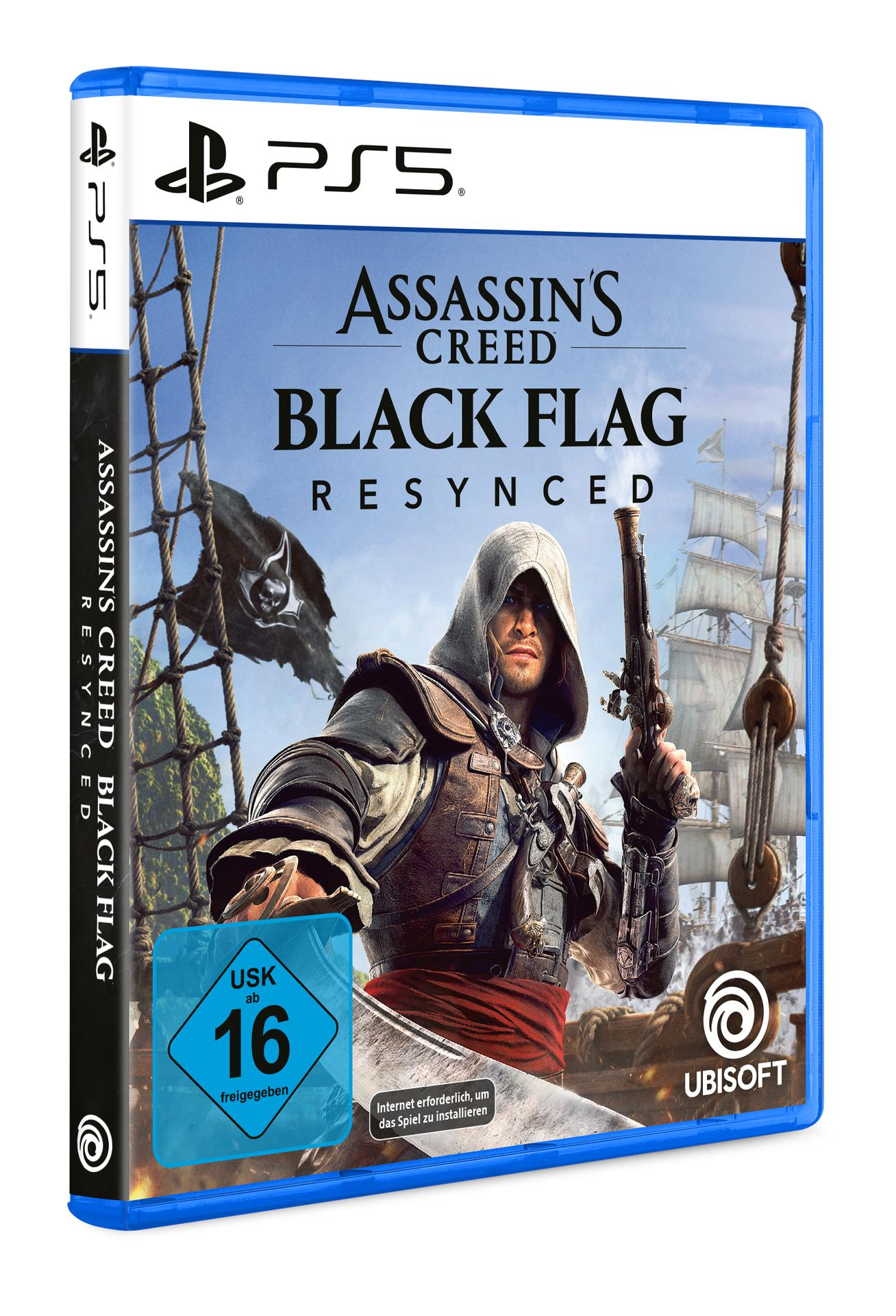 PS5 Spielcover von Assassin's Creed Black Flag mit einem Piraten, Schiff und USK 16 Siegel.