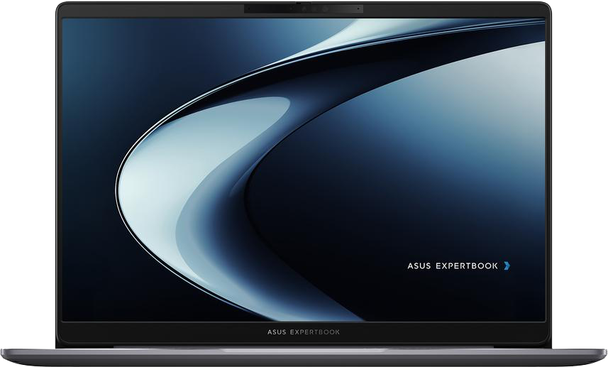 Egy sötétszürke ASUS ExpertBook laptop kék absztrakt hullámgrafikát jelenít meg a képernyőjén.