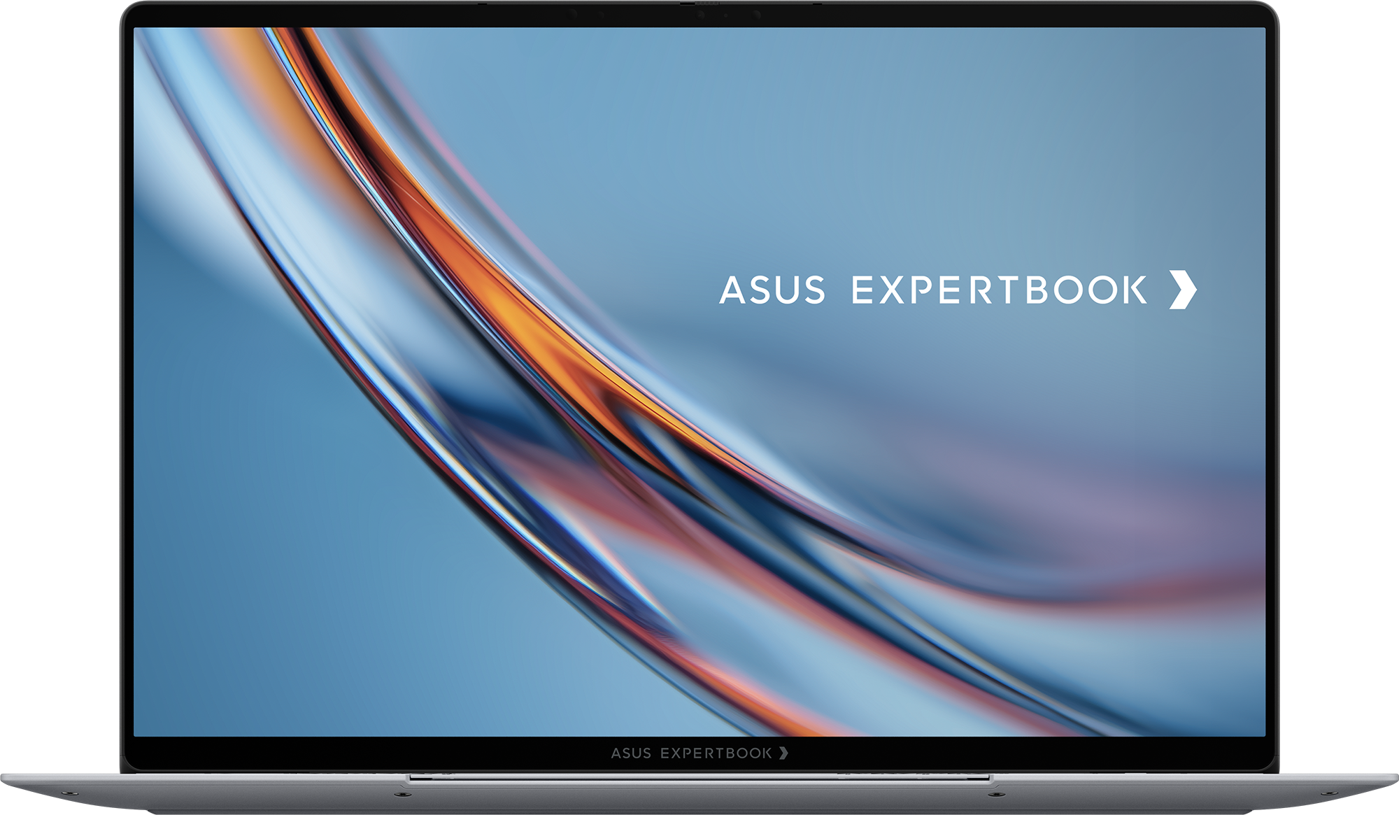 Egy ASUS Expertbook laptop absztrakt háttérrel és logóval.