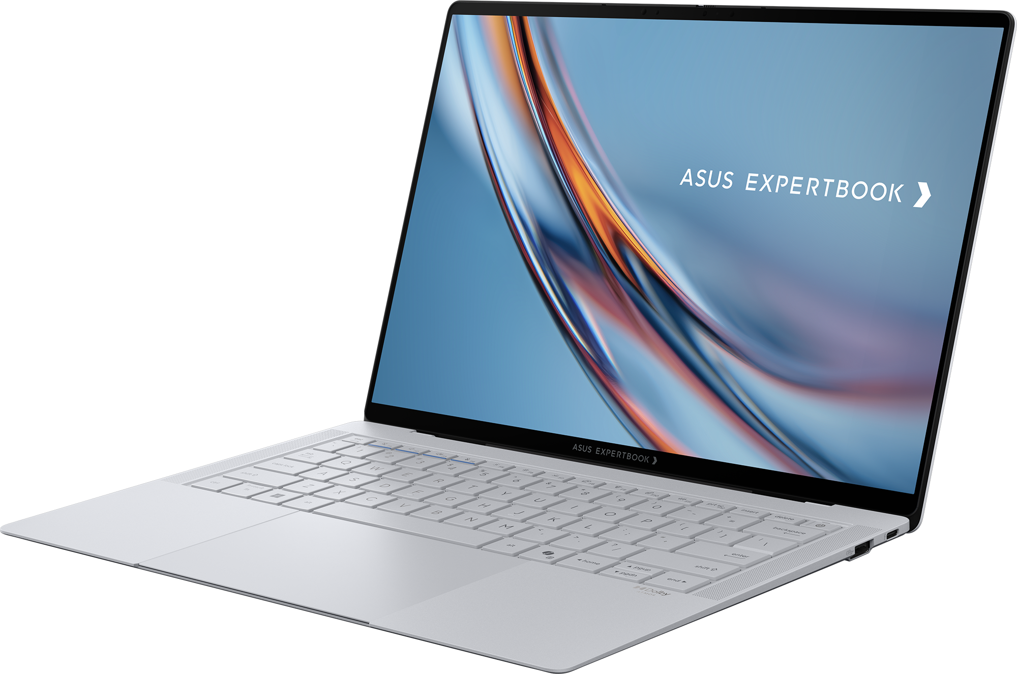 Egy nyitott, ezüst ASUS ExpertBook laptop absztrakt háttérrel.