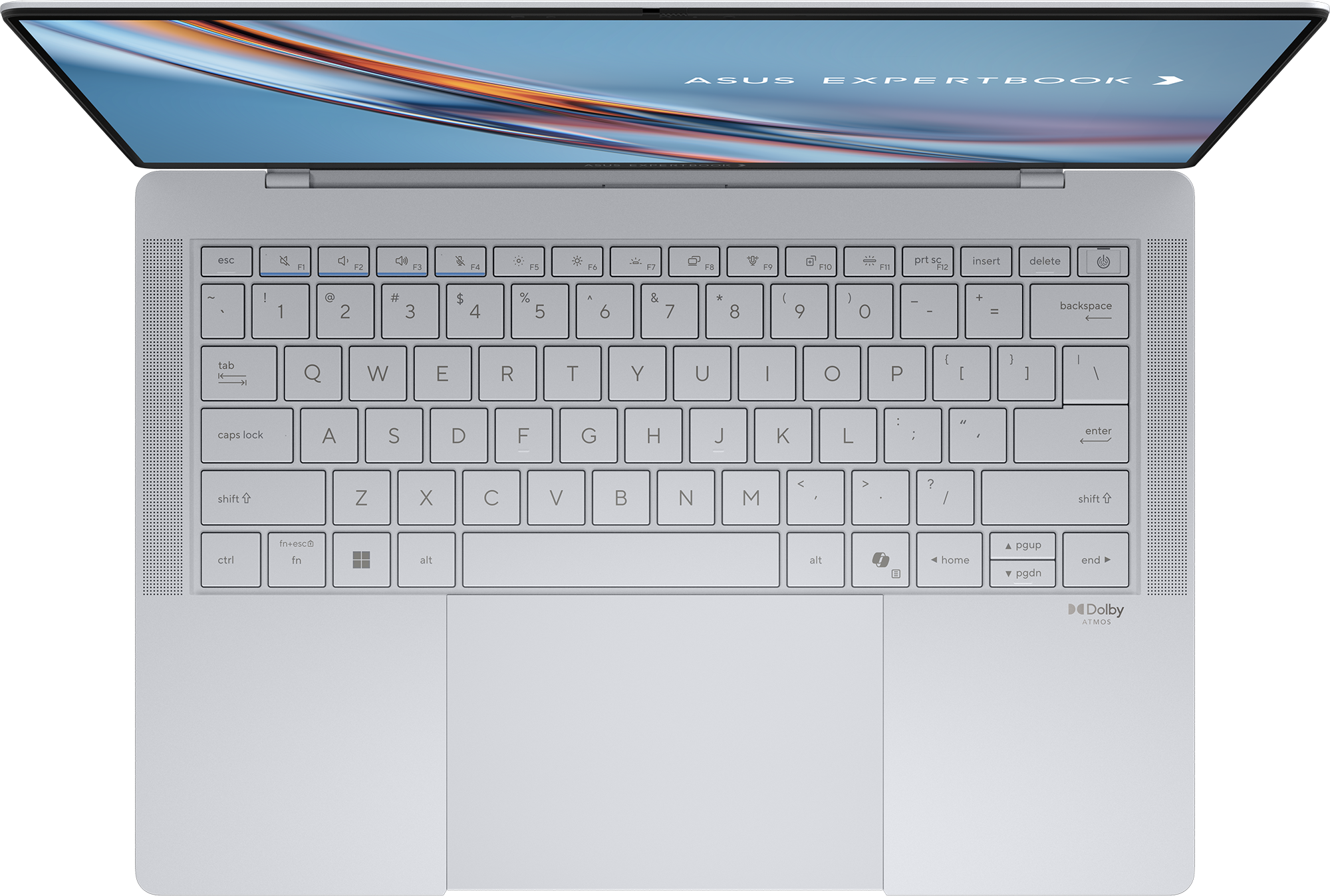 Ezüst ASUS ExpertBook laptop felülnézetben, nyitva, billentyűzetet és képernyőt mutatva.