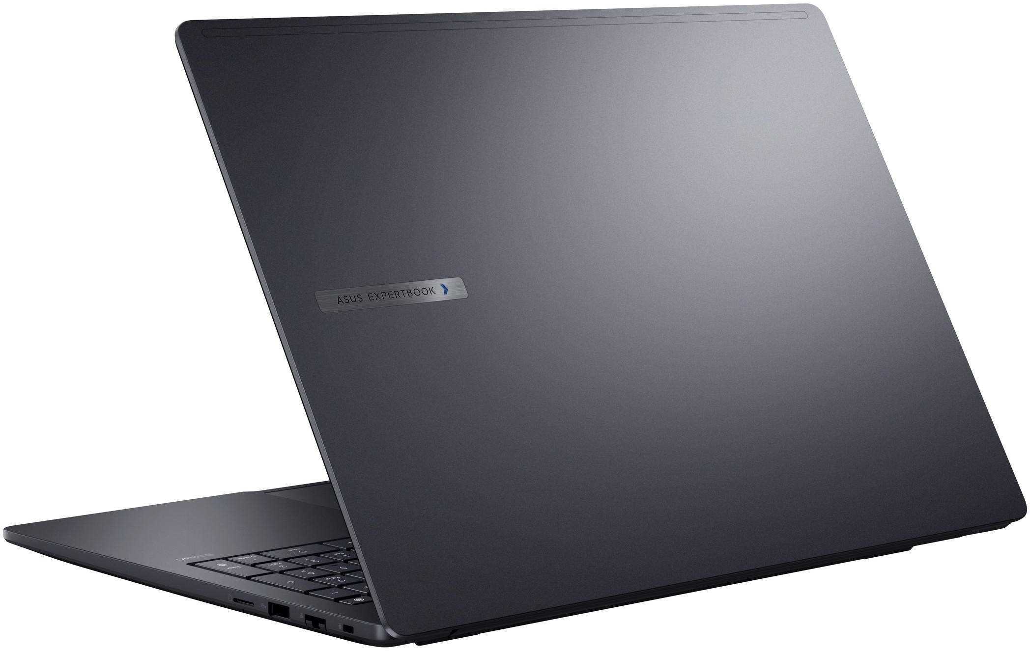 Sötét laptop nyitott képernyővel, billentyűzet látható, ASUS EXPERTBOOK logó.