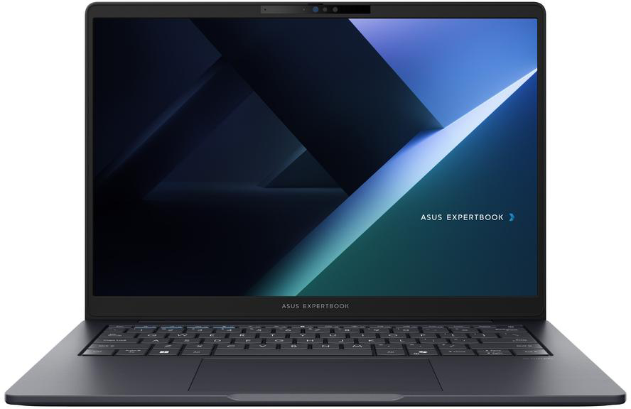 Sötét ASUS Expertbook laptop kék-zöld absztrakt háttérképpel.