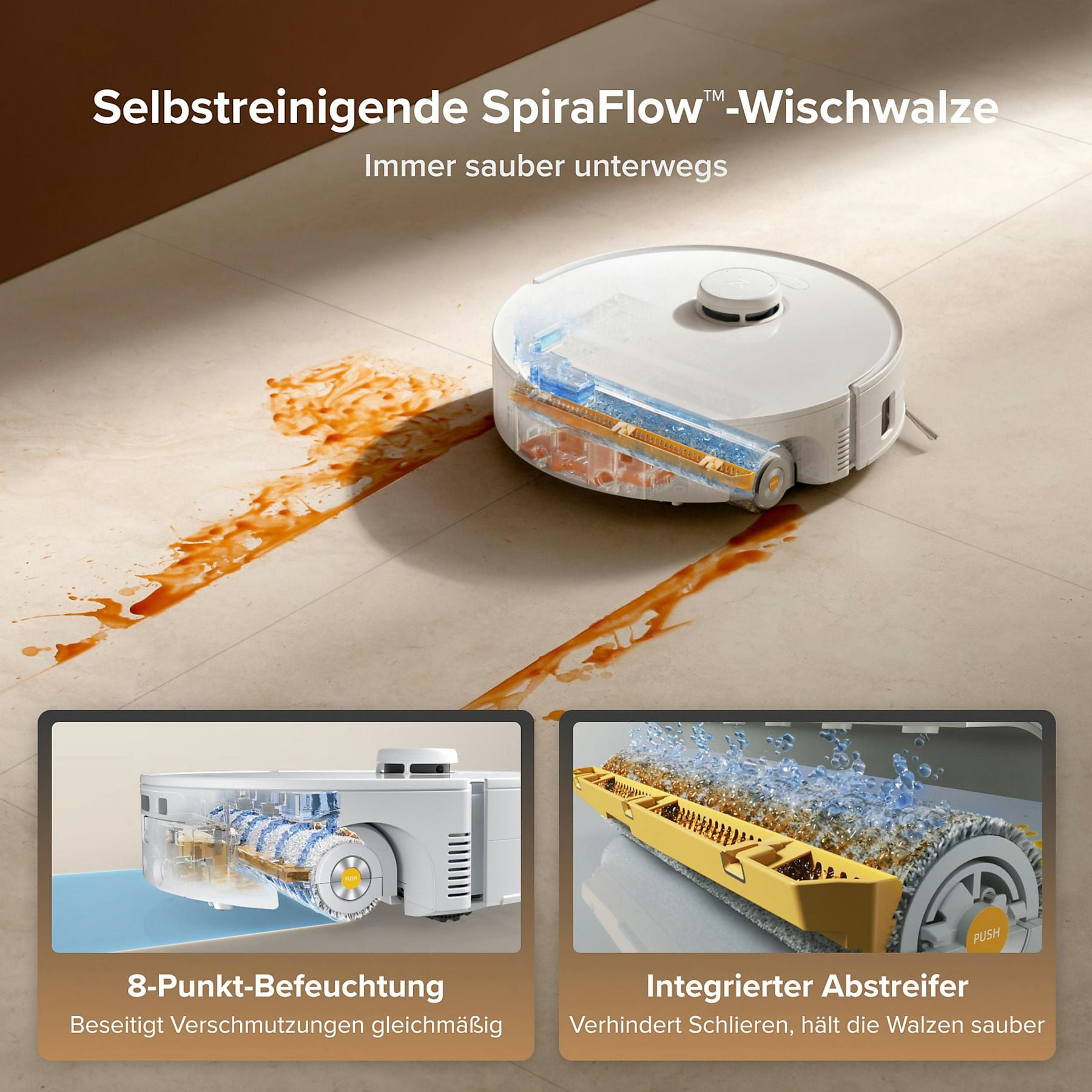 Robot aspirapolvere pulisce liquido versato su piastrelle con rullo lavapavimenti SpiraFlow™.