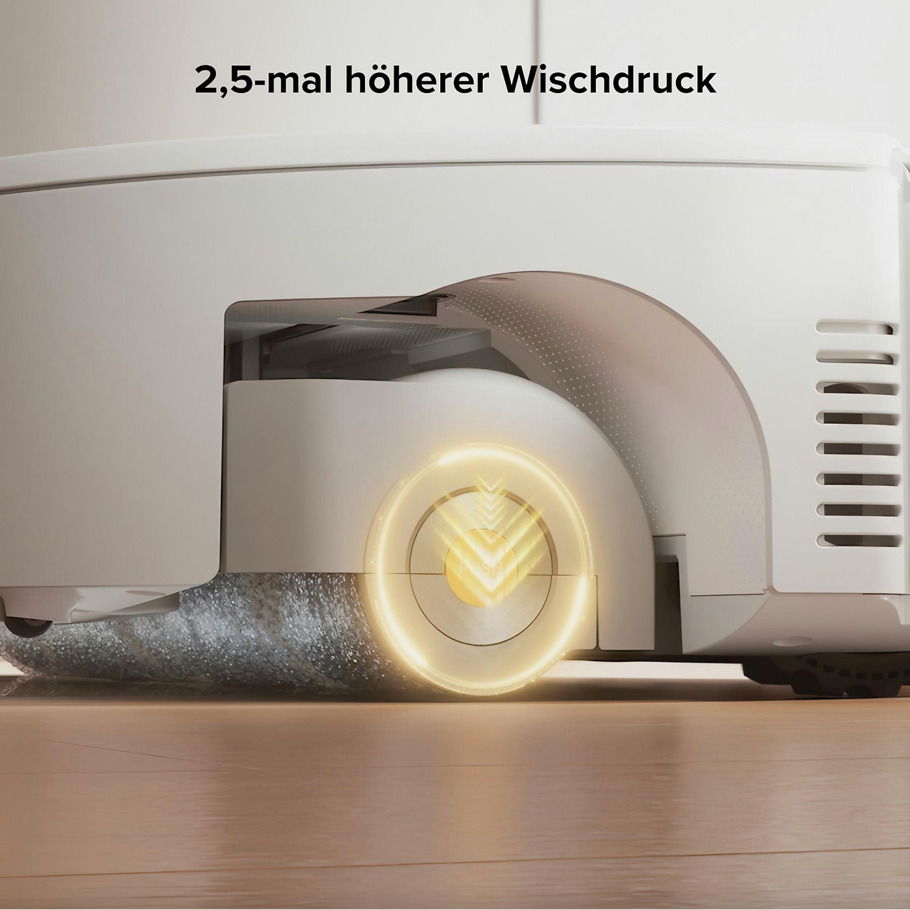 Un robot aspirapolvere bianco con un cerchio giallo luminoso e frecce sul pavimento.