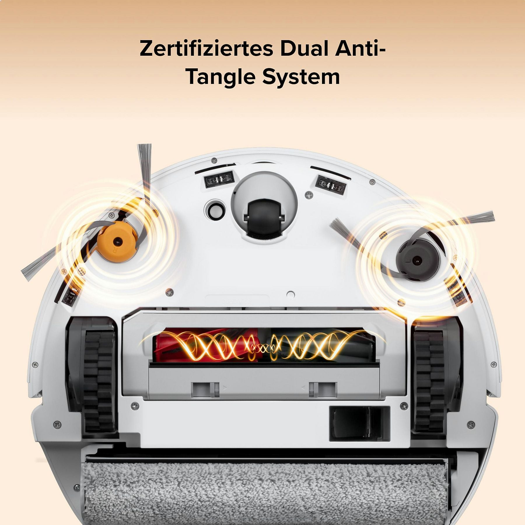 Parte inferiore di un robot aspirapolvere bianco con doppie spazzole rotanti e una spazzola principale.