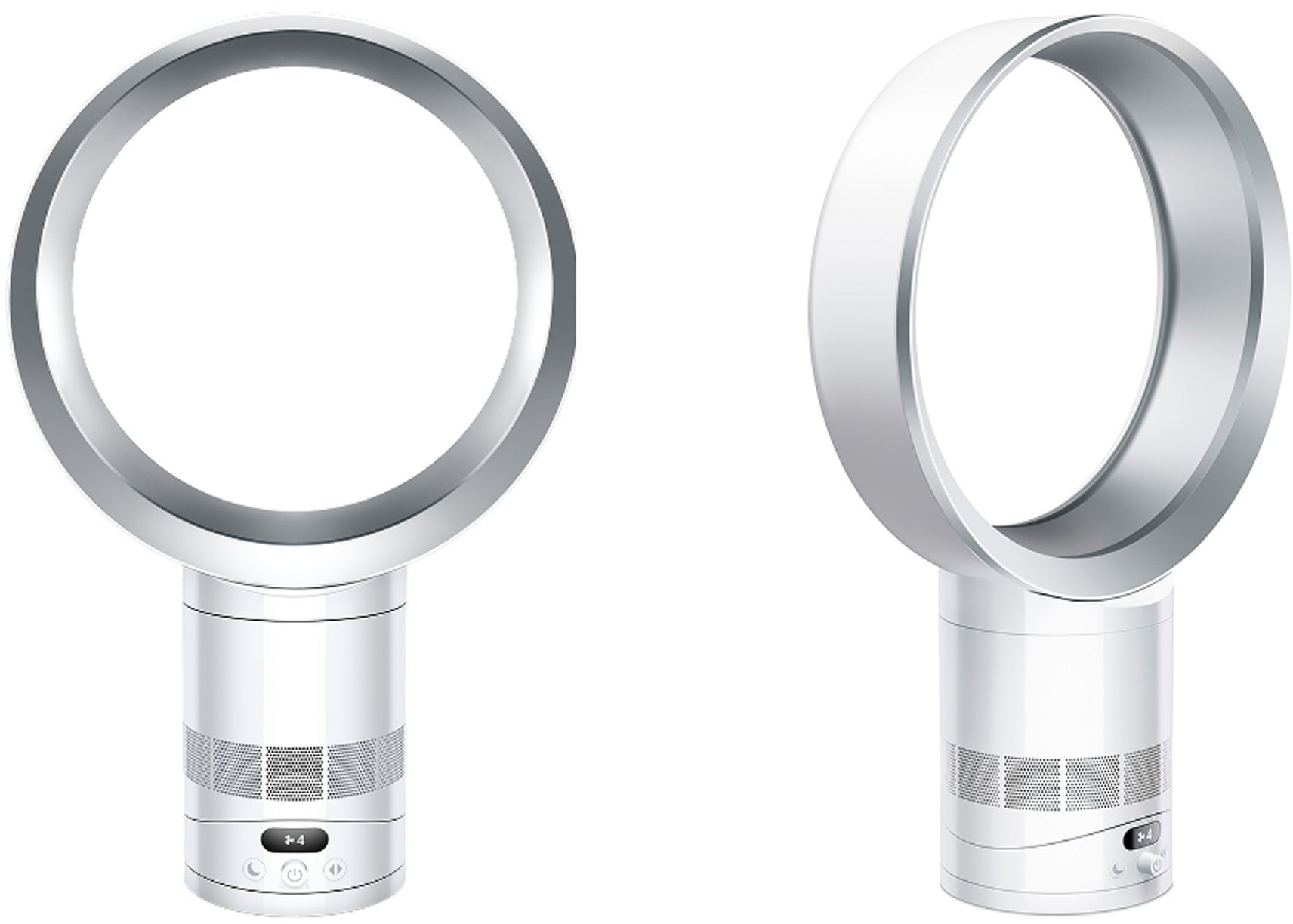 Un ventilateur blanc sans pales avec un anneau argenté et une base avec des commandes.