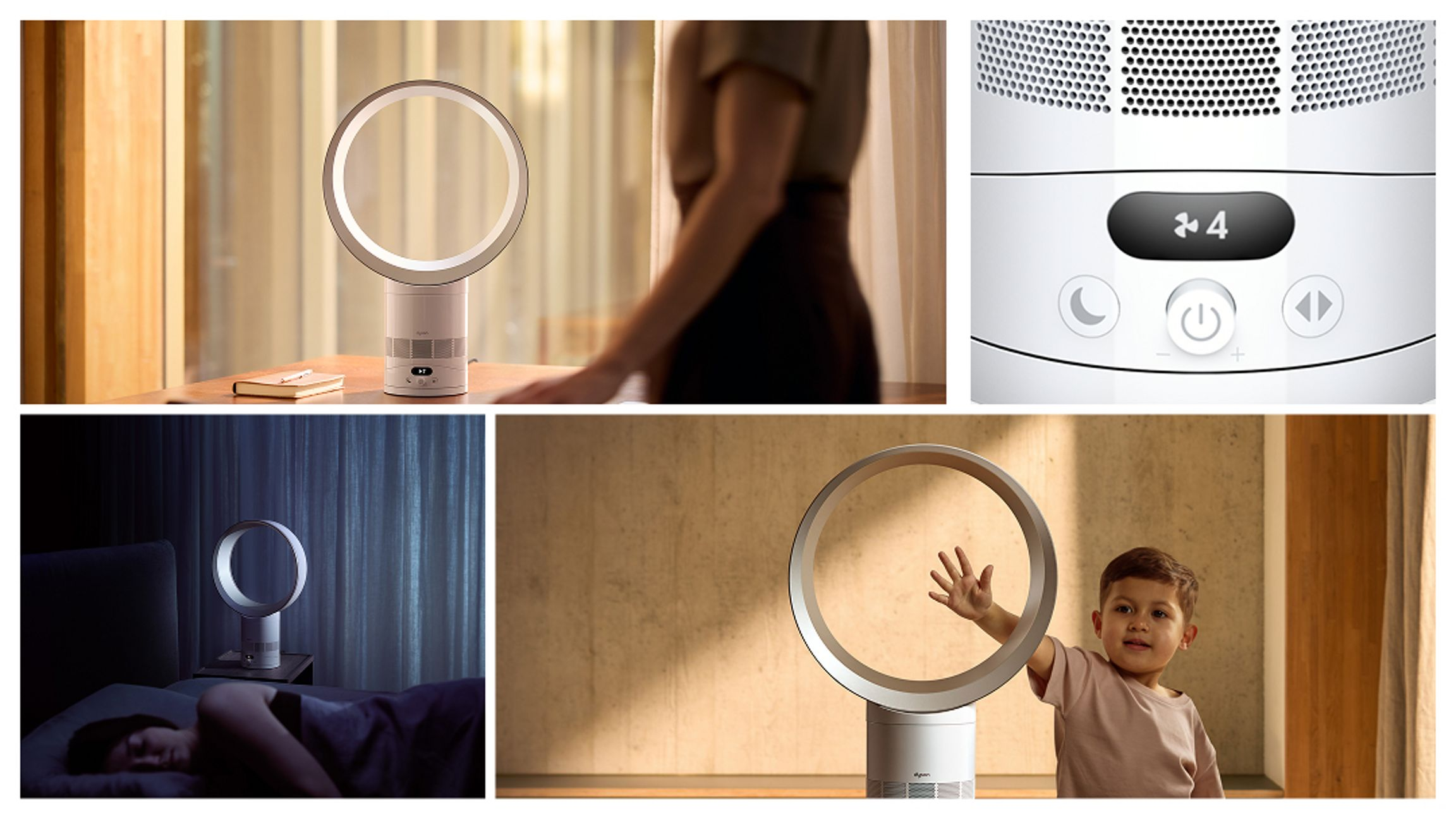Un ventilateur sans pales est sur une table, avec un enfant et un lit à proximité.