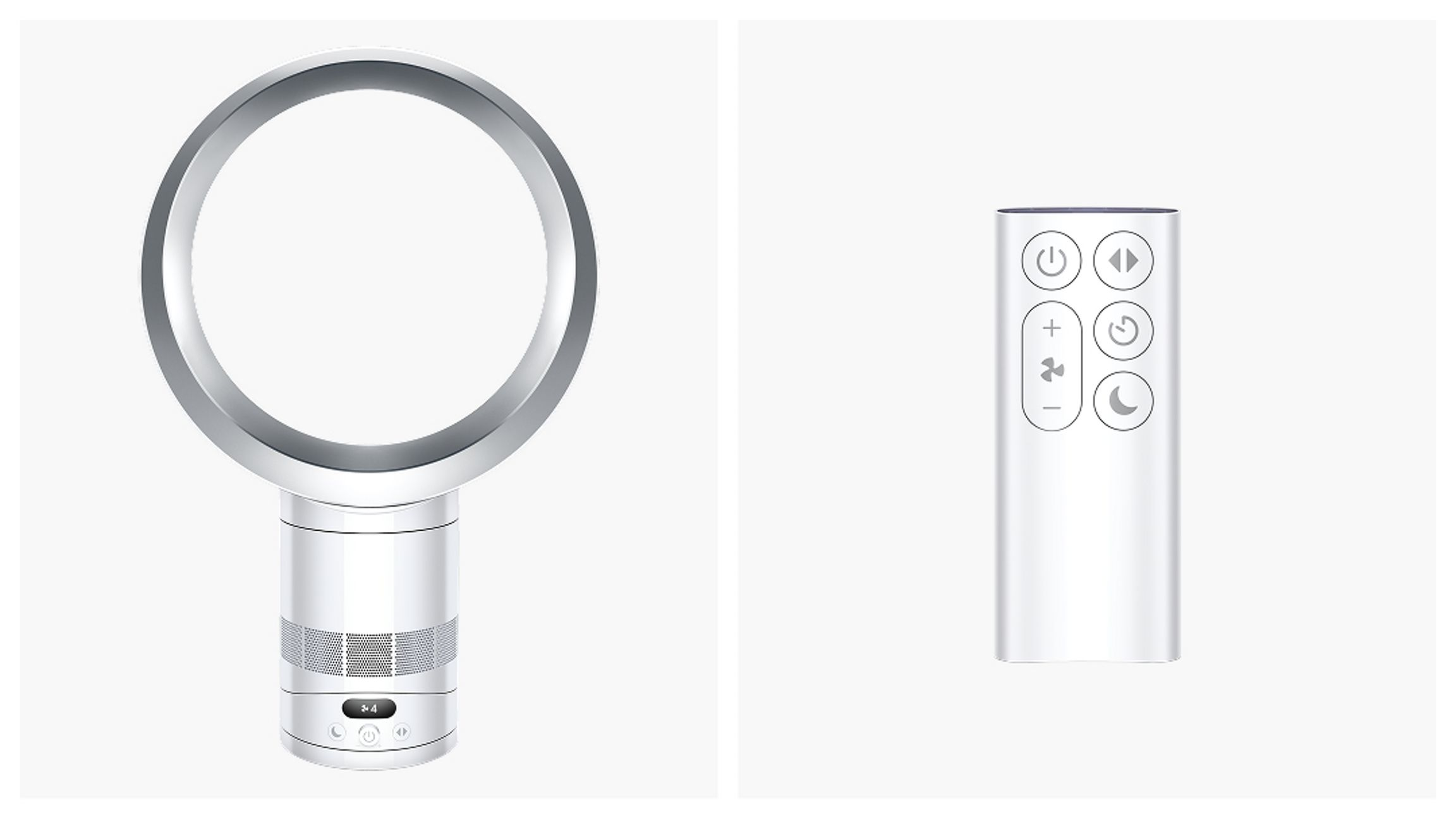 Un ventilateur blanc sans lames et une télécommande sur fond blanc.