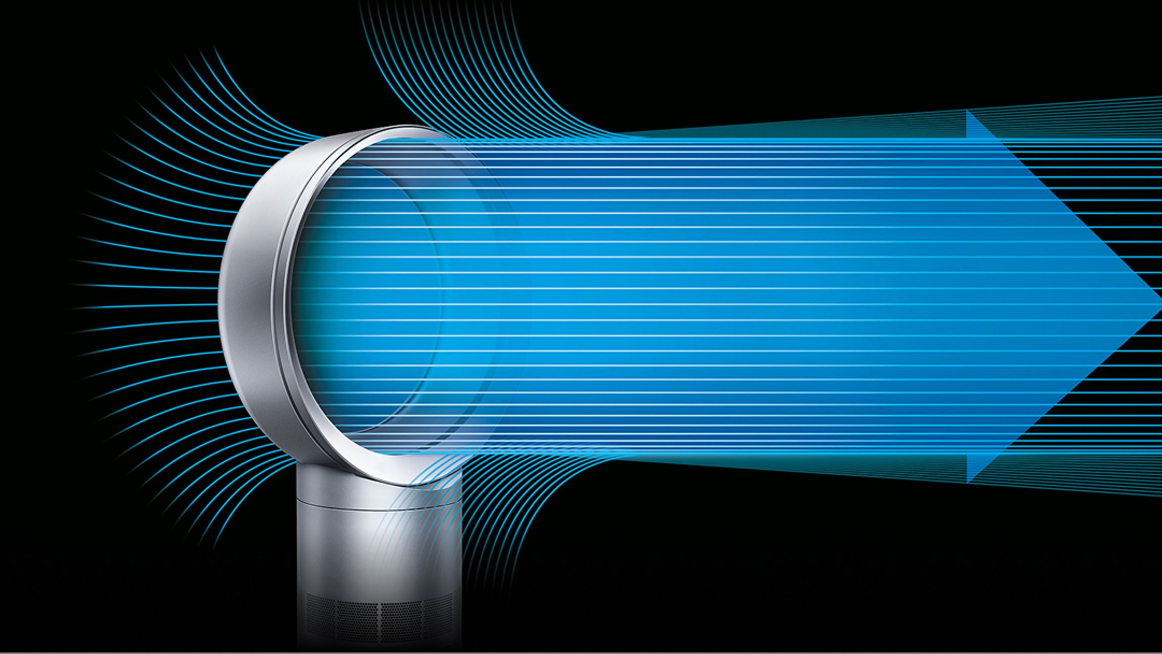 Un ventilateur argenté sans lames avec un flux d'air bleu sur fond noir.