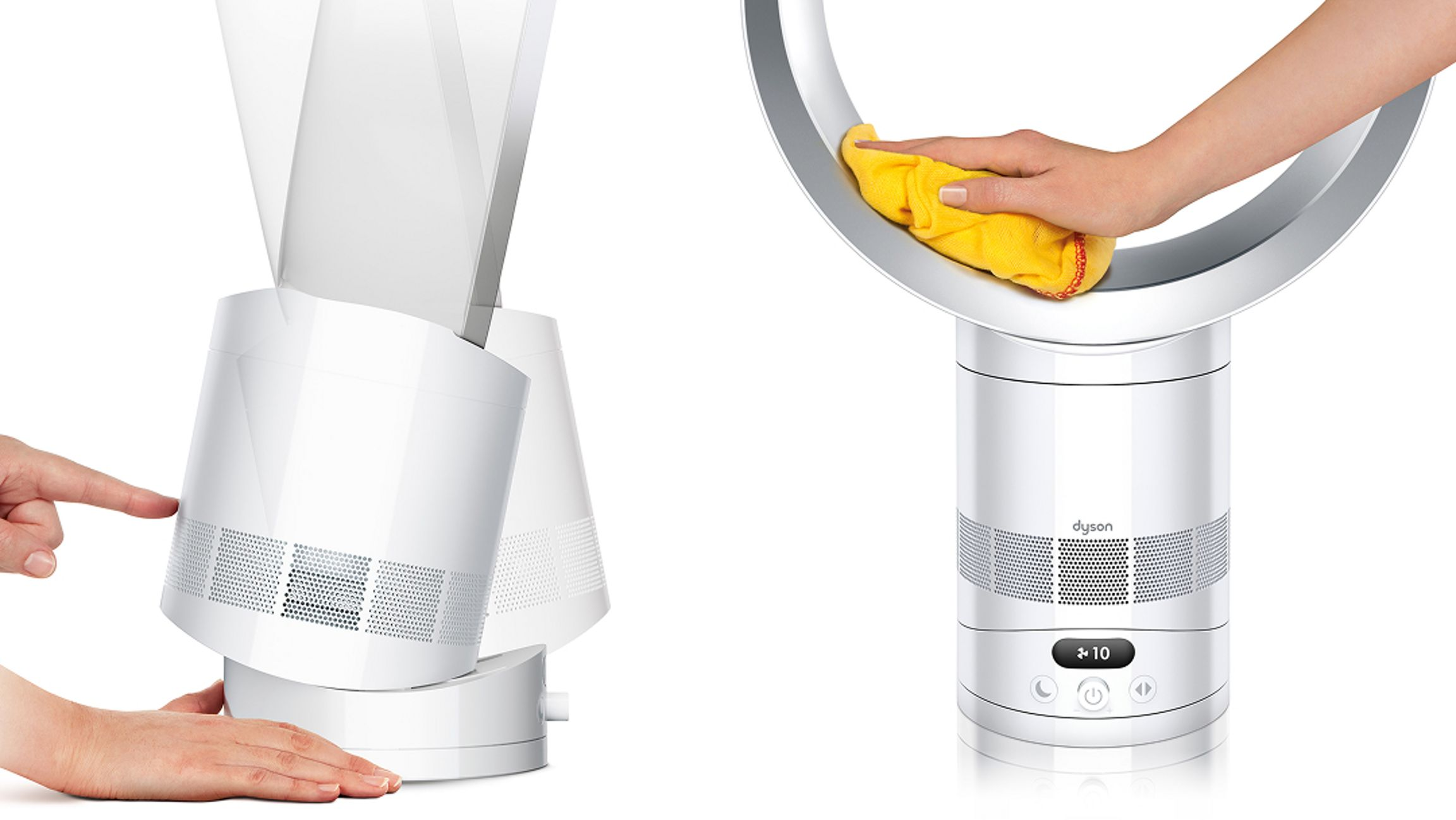 Une main nettoie l'anneau du ventilateur avec un chiffon jaune. À gauche, des mains touchent la base.