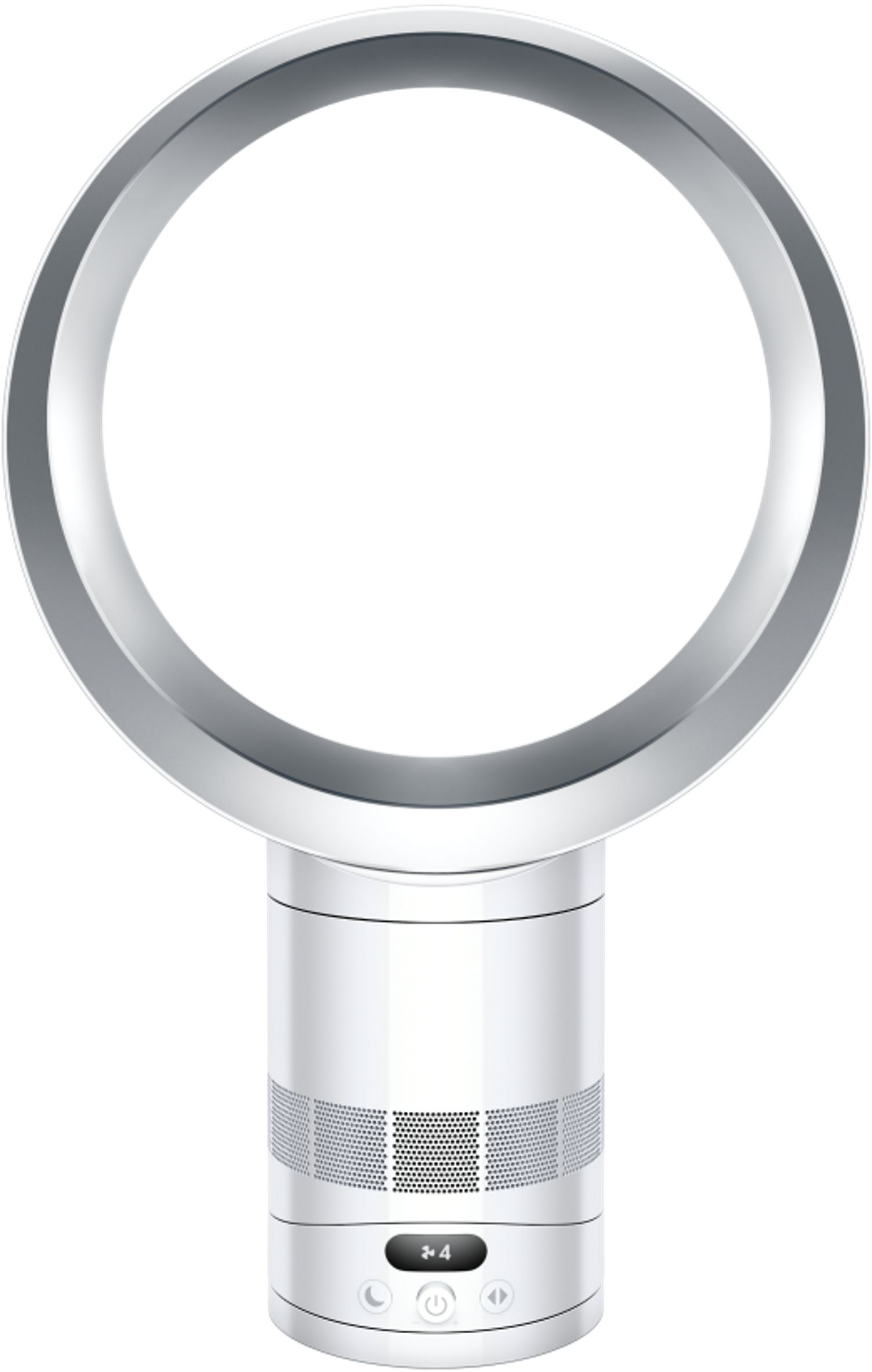 Un ventilateur tour blanc moderne avec un anneau argenté en haut et des commandes en bas.