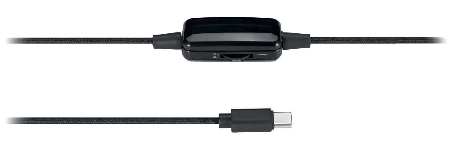 Egy fekete kábel hangerőszabályzóval és USB-C csatlakozóval.
