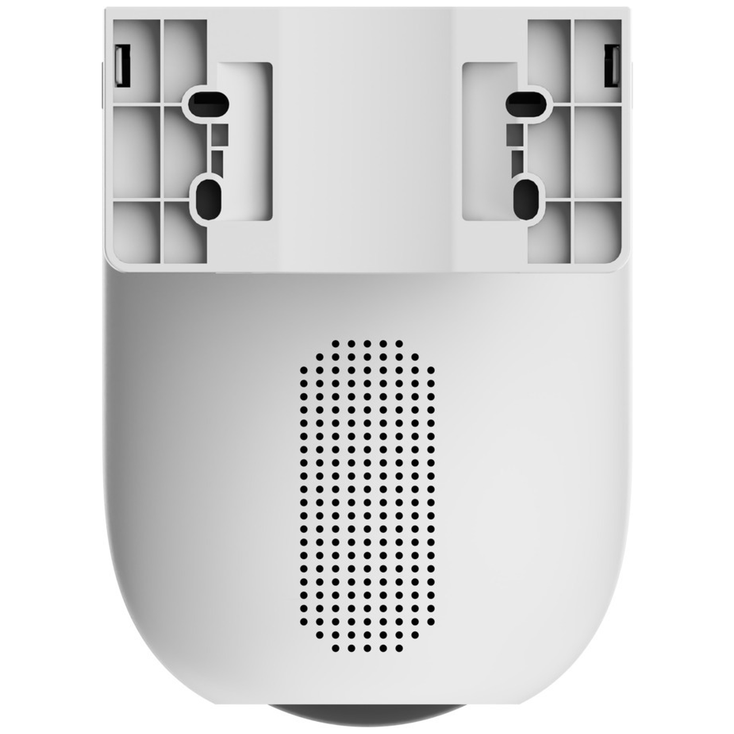 White security camera with mounting bracket and speaker grille.