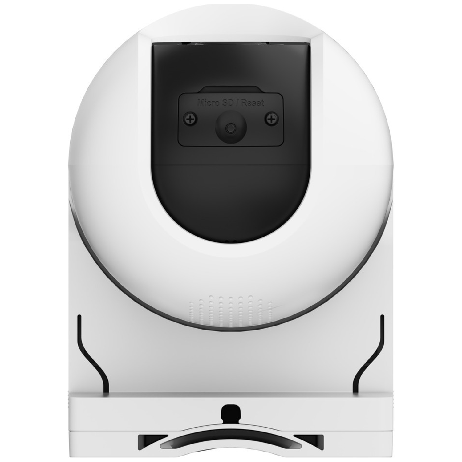 A white security camera featuring a black lens and a Micro SD/Reset slot.