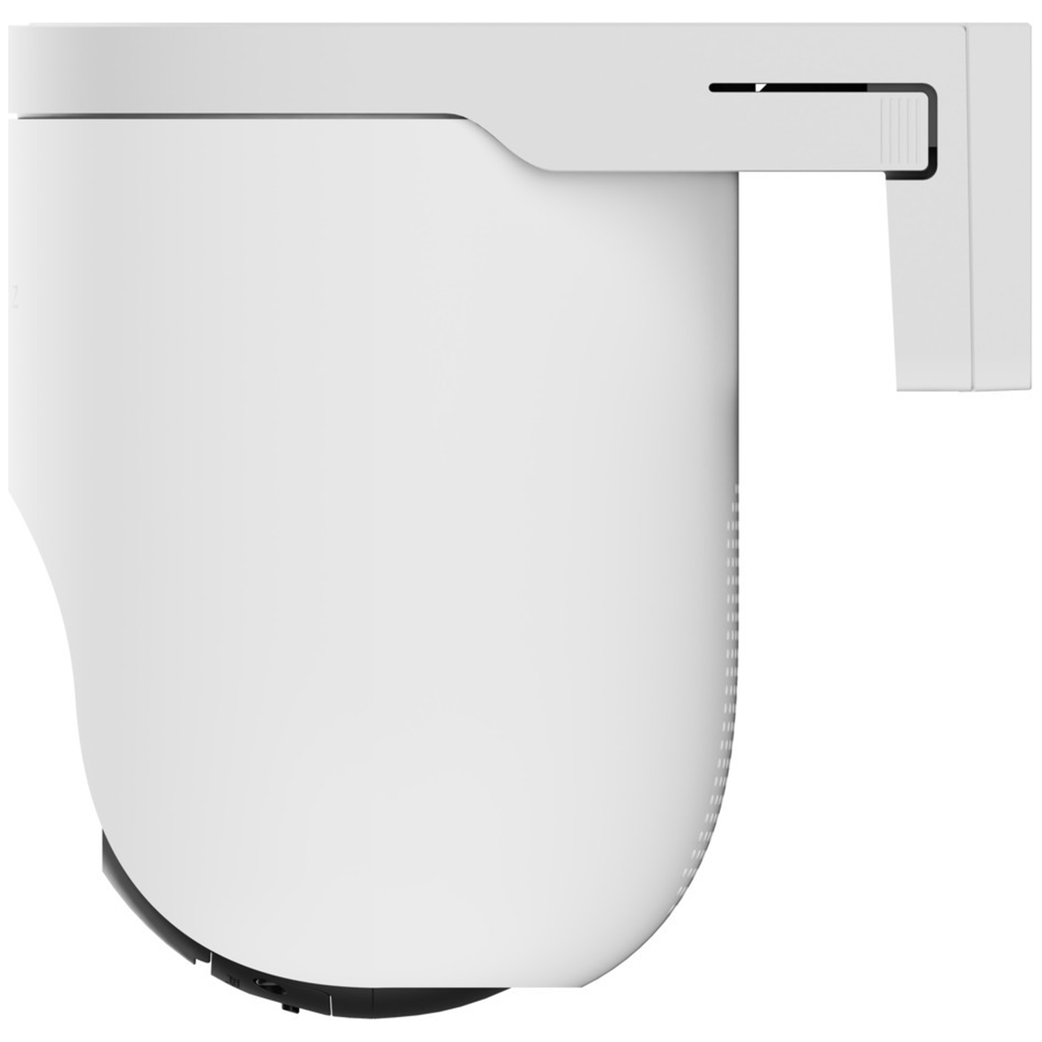 A white security camera with a black base and a mounting arm.