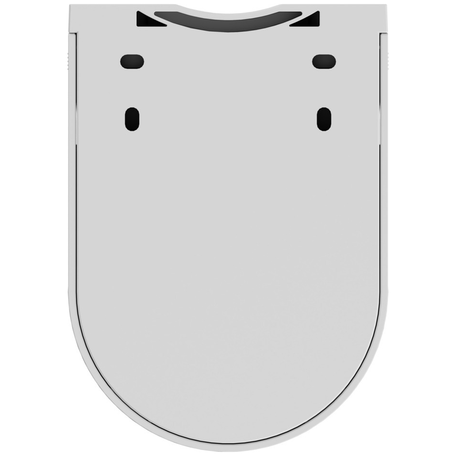 A white, closed toilet seat with two black dots on the left and right sides.