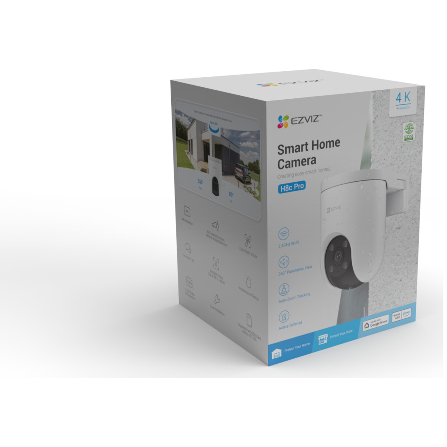 Box of EZVIZ 4K Smart Home Camera H8c Pro, showing house and camera image.