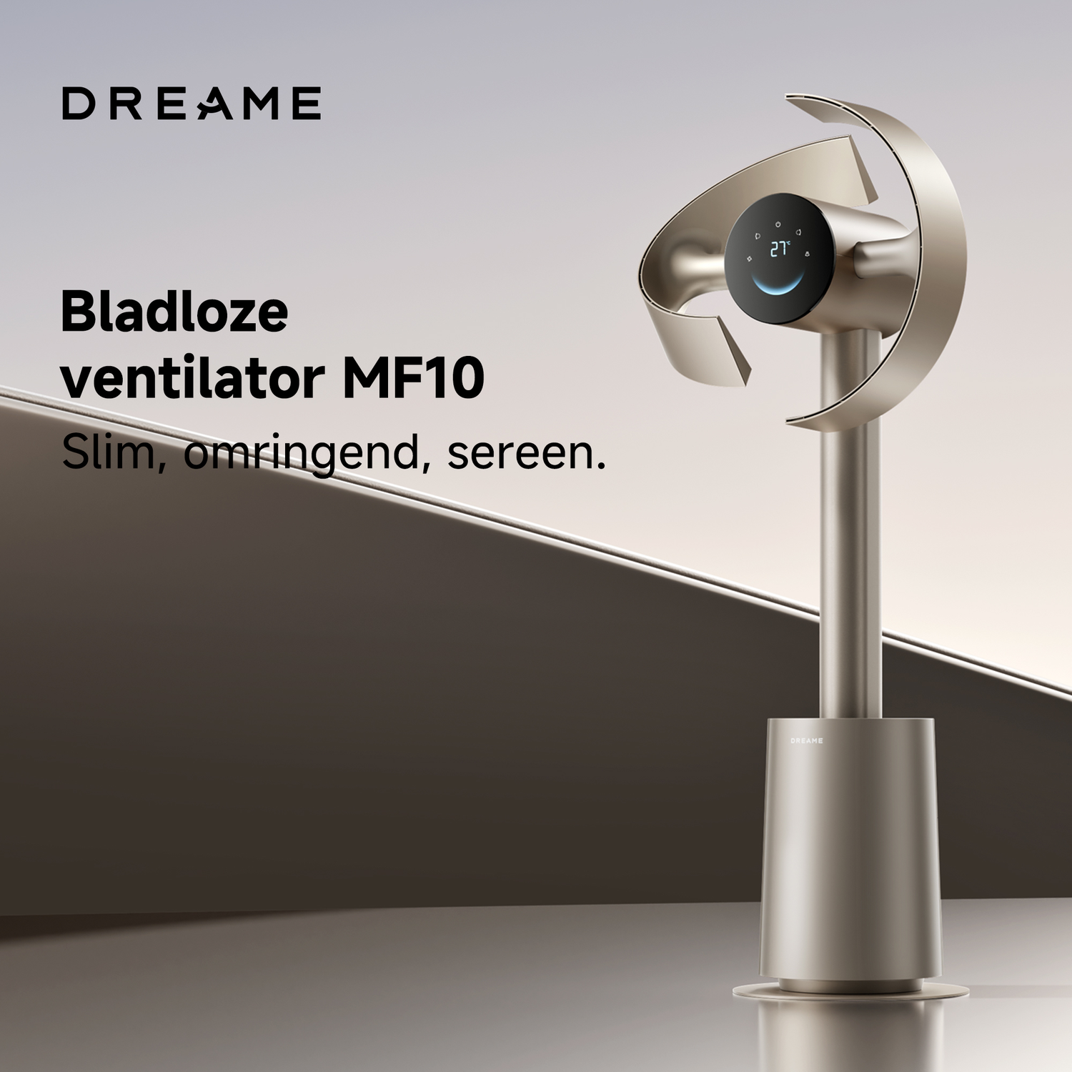 Een slanke, bladeloze ventilator met digitaal display en lichte metaalafwerking.