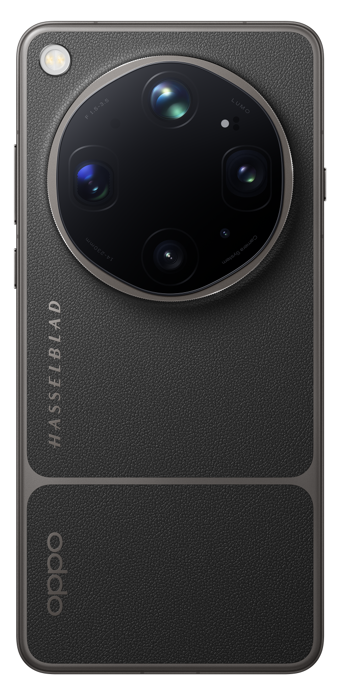 Tył ciemnego smartfona z okrągłą wyspą aparatów, lampą błyskową i logo.