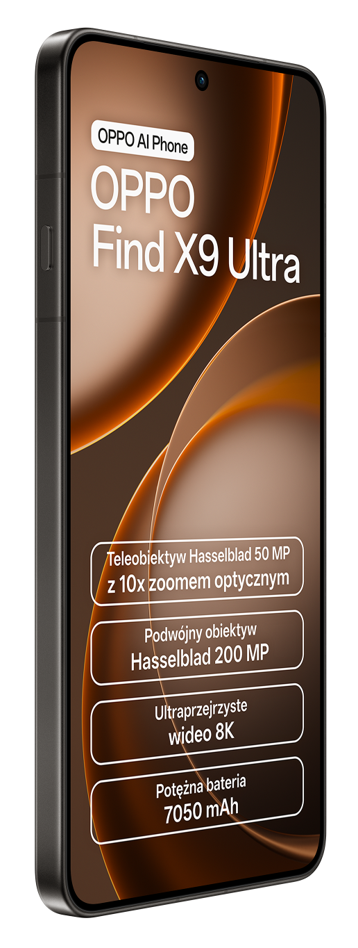 Szary smartfon z logo OPPO Find X9 Ultra i specyfikacjami.