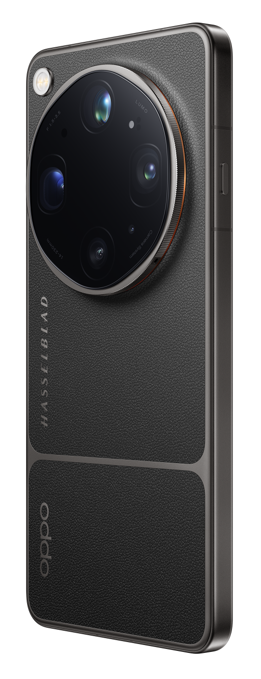 Ciemny smartfon z aparatem Hasselblad i logo Oppo z tyłu.