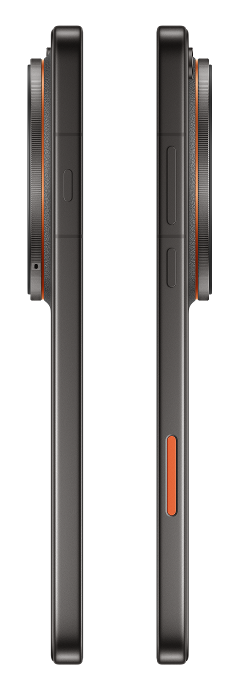 Dwa ciemne smartfony z pomarańczowymi akcentami obok siebie na czarnym tle.