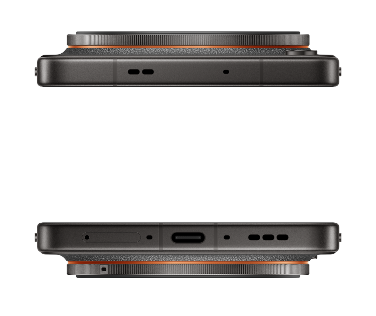 Góra i dół ciemnego telefonu z pomarańczową ramką i portami.