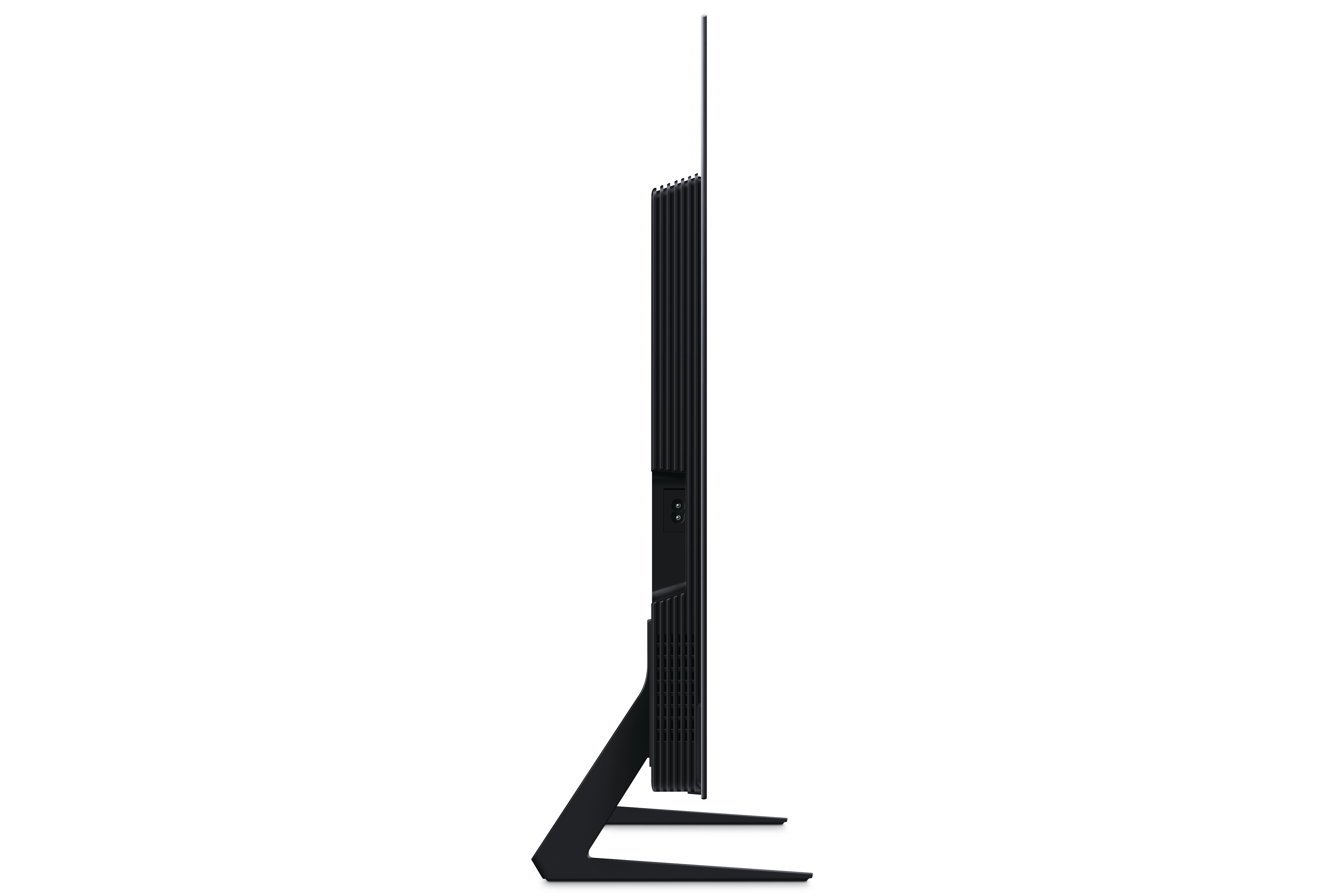 Schwarzer Fernseher mit schmalem Rahmen und einem Standfuß, von der Seite gesehen.