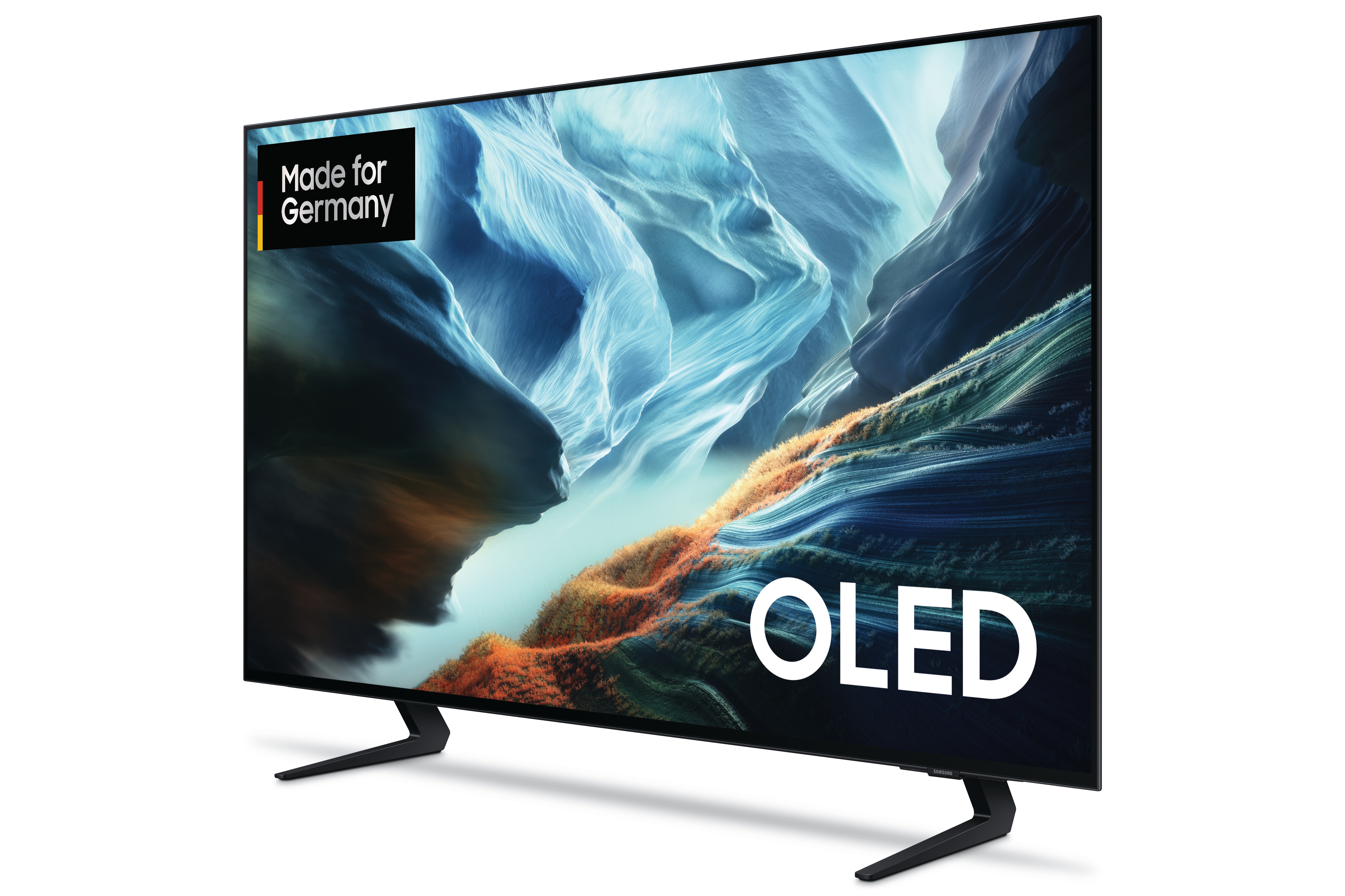 Ein moderner OLED-Fernseher mit deutschem Qualitätssiegel und abstrakter Bildschirmanzeige.