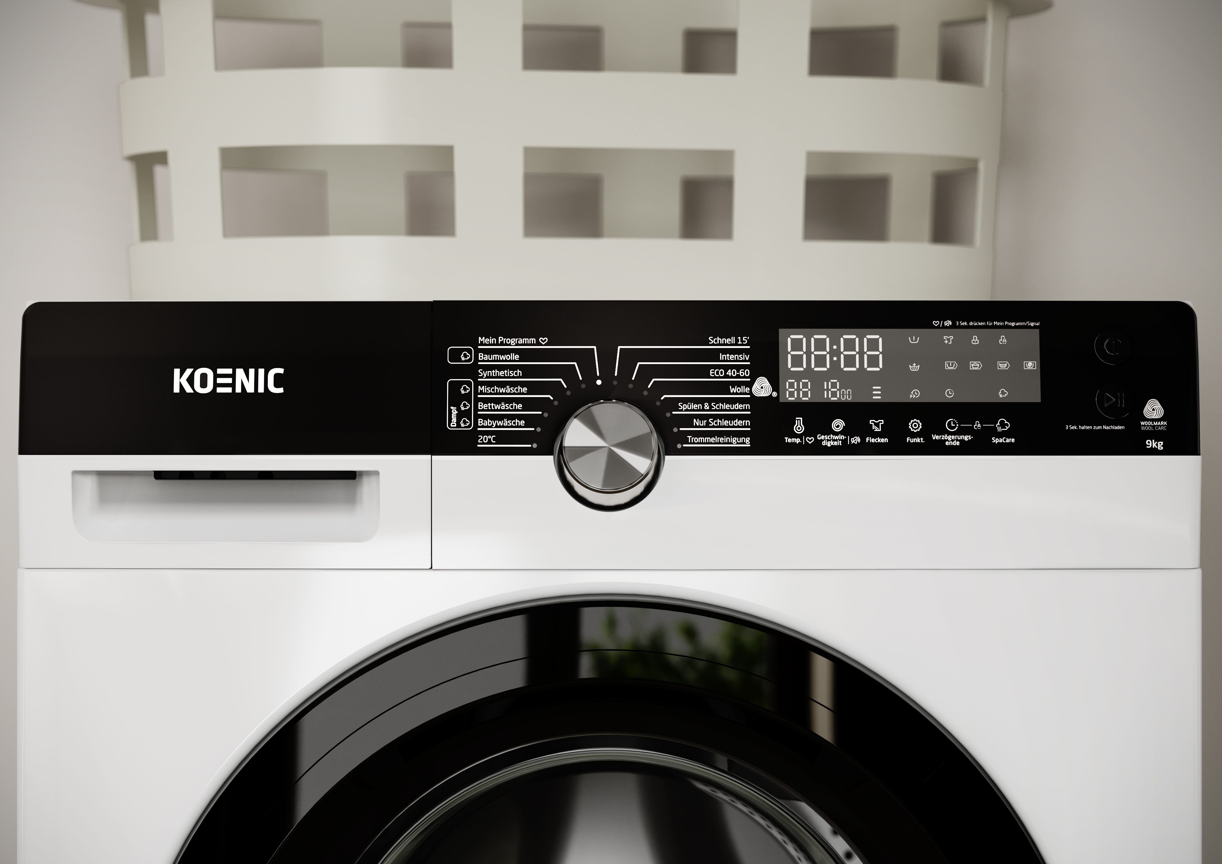 Eine weiße Waschmaschine mit schwarzem Bedienfeld und digitaler Anzeige.