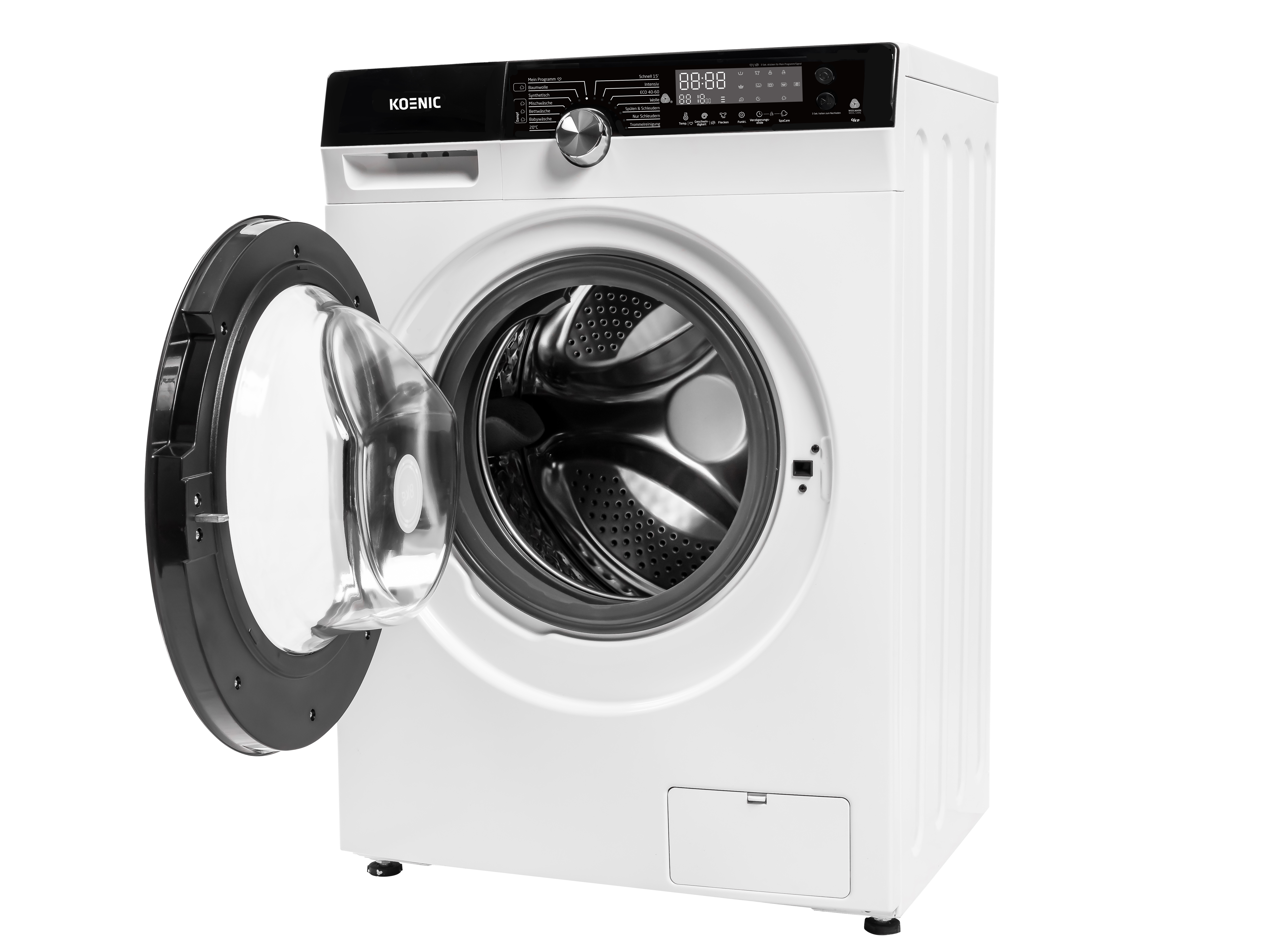 Eine weiße Koenic Waschmaschine mit geöffneter Tür und digitalem Bedienfeld.