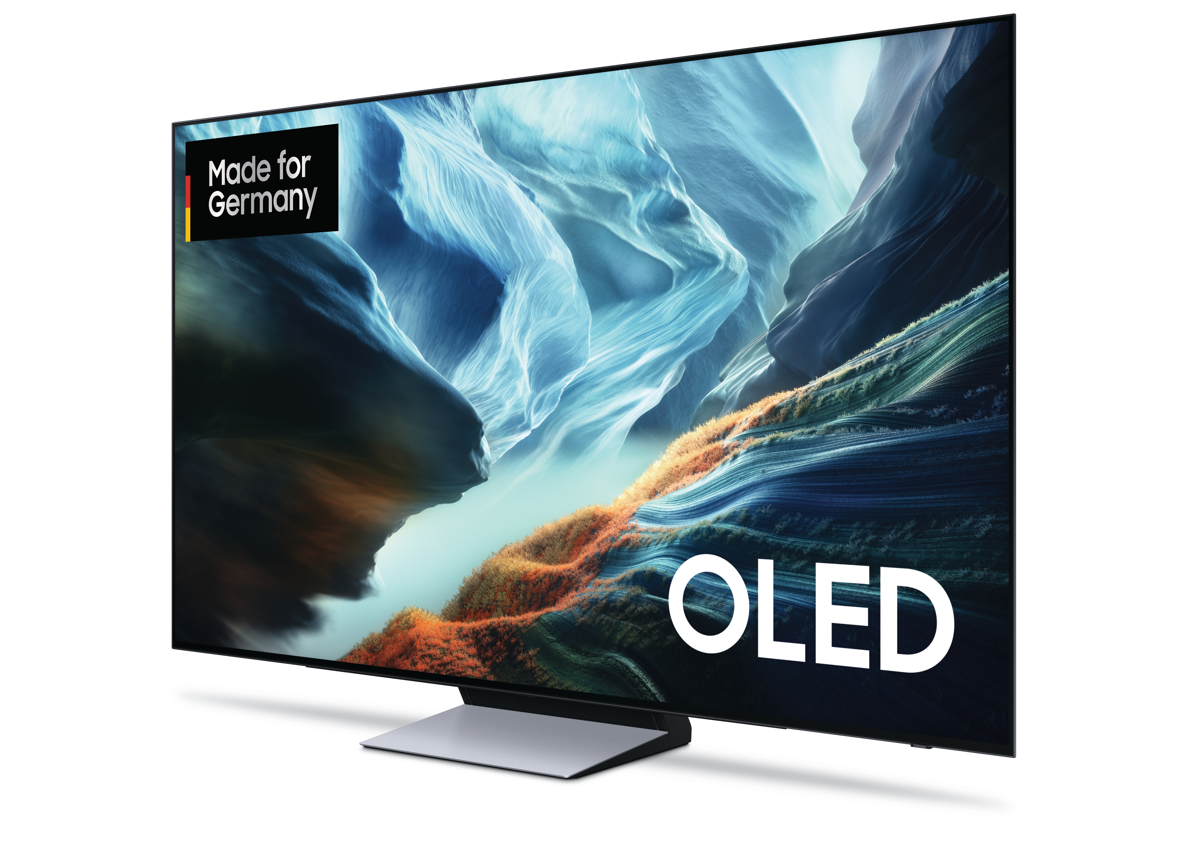 Ein moderner OLED-Fernseher mit abstraktem Bild und dem Aufdruck „Made for Germany“.