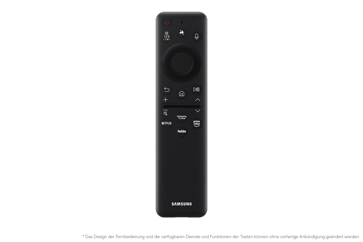 Schwarze Samsung TV-Fernbedienung mit Tasten für Netflix, YouTube und Prime Video.