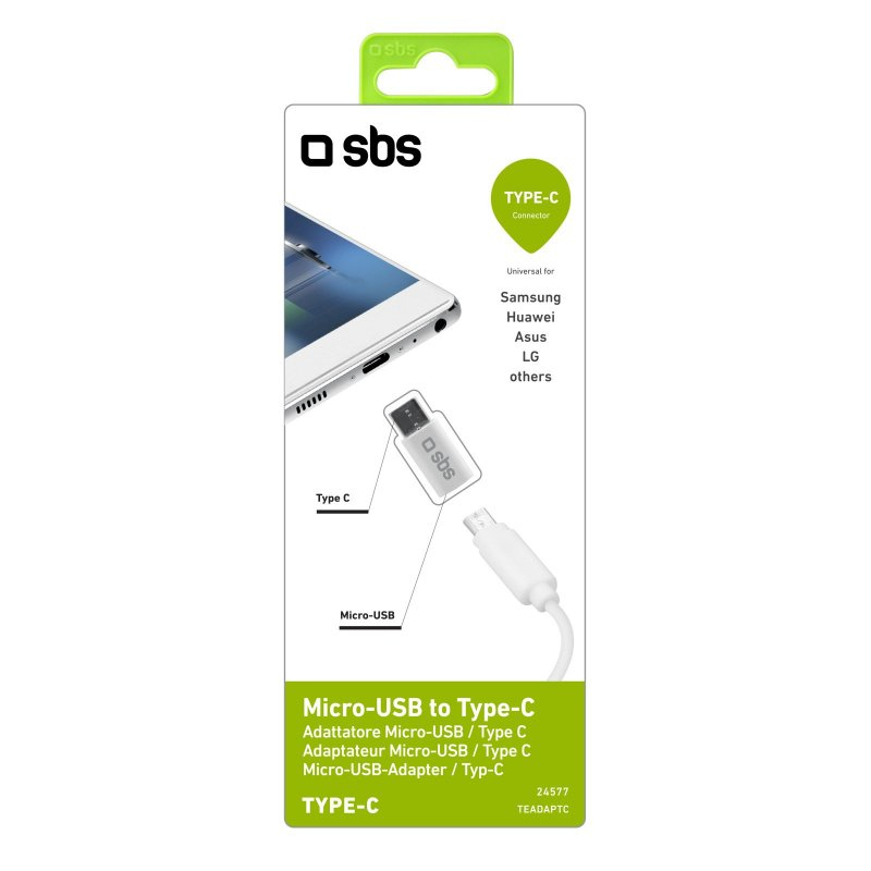 Verpackung eines SBS Micro-USB zu Type-C Adapters mit Smartphone-Abbildung.