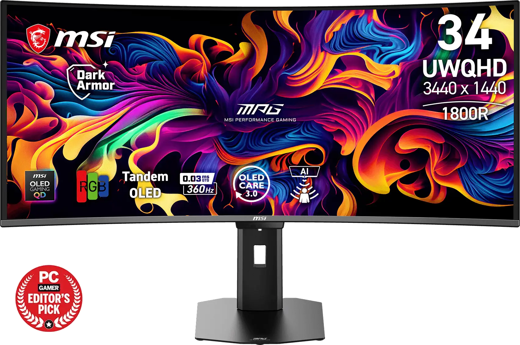 MSI 34" UWQHD monitor színes absztrakt művészettel, OLED, 360Hz, AI funkciókkal.