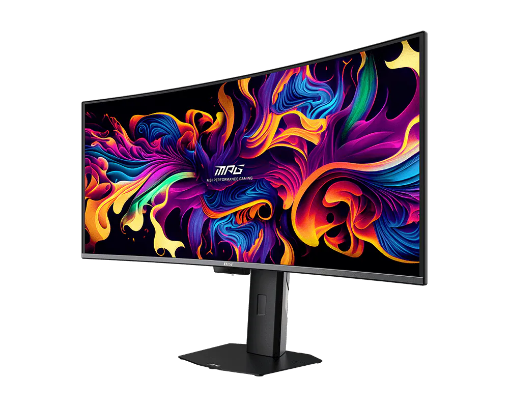 Egy ívelt MSI gamer monitor élénk, absztrakt háttérképpel.