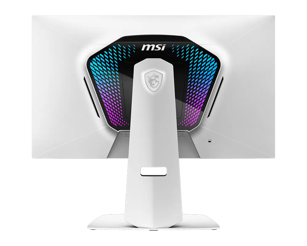 Egy fehér MSI monitor hátulja, háttérvilágítású geometriai mintával.