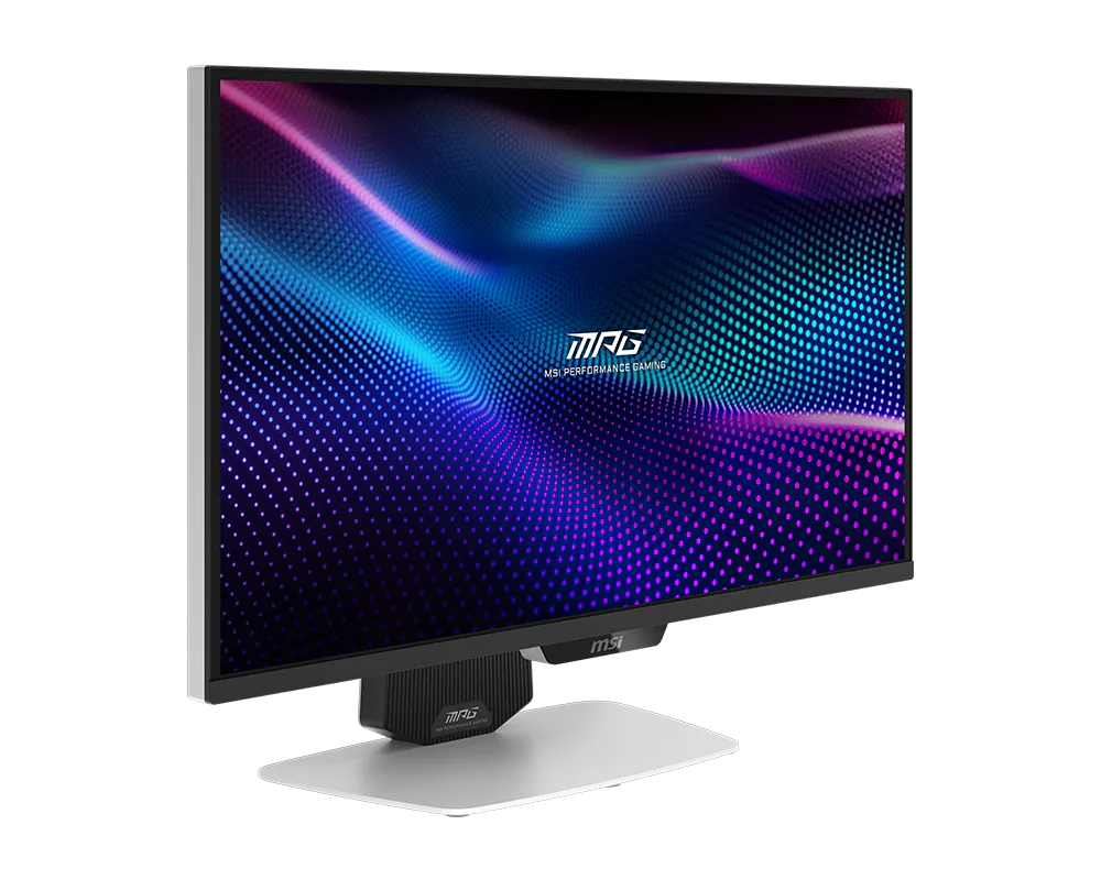 Modern monitor színes, absztrakt háttérképpel. Ezüst állvány. MSI logóval.