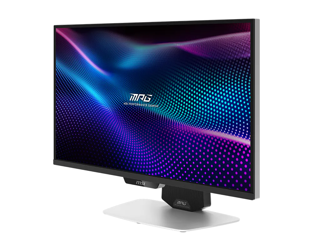 Egy MSI gamer monitor képernyőjén absztrakt, színes hullámforma látható.