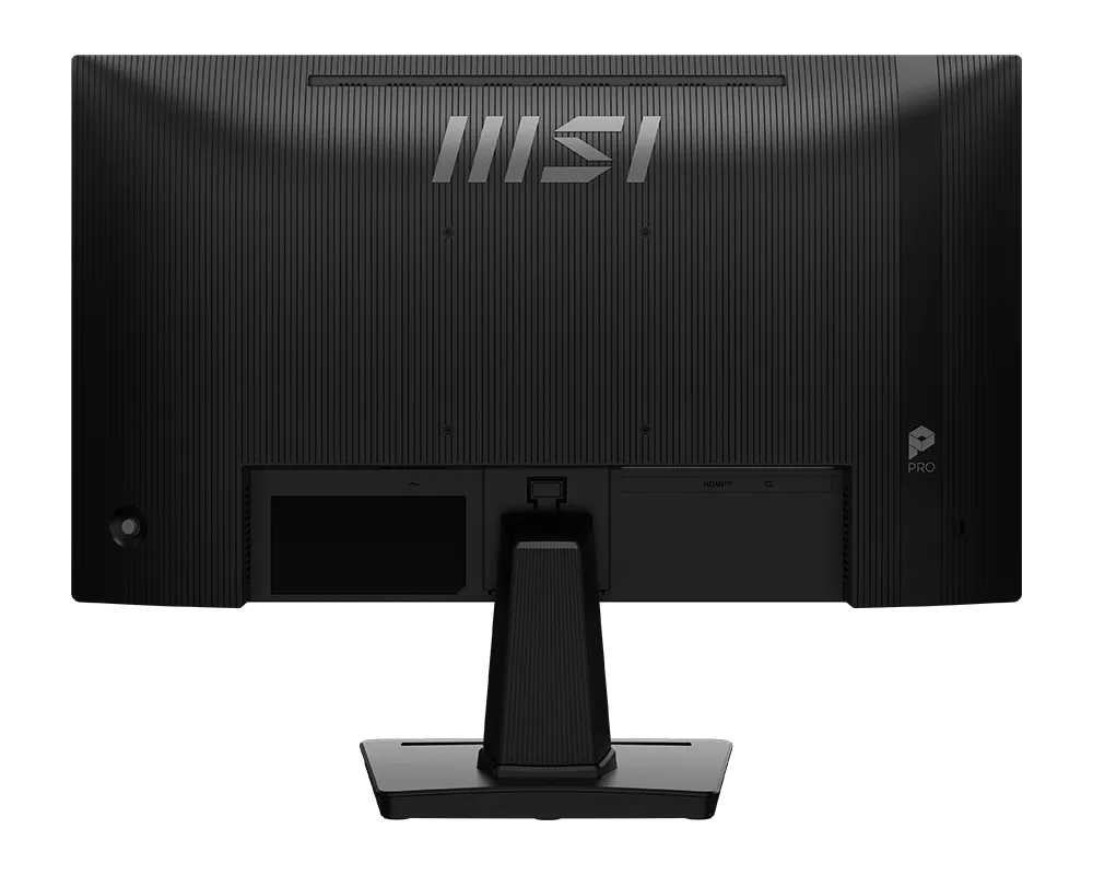 Egy fekete MSI monitor hátulja, függőleges barázdákkal és portokkal.